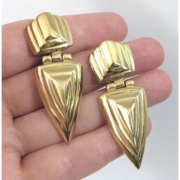 Givenchy Vintage Clip On Earrings - Gold Toned Door Knocker Triangle - Picture 1 of 12